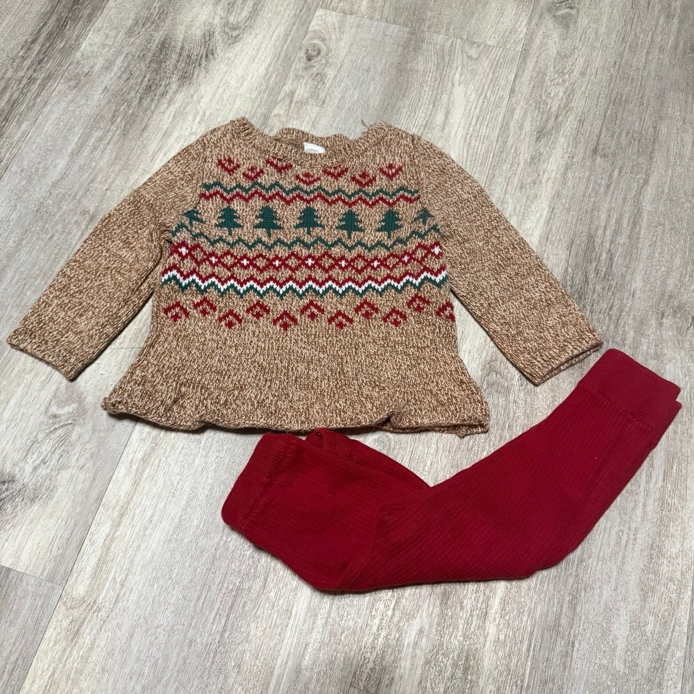 Carter's Crewneck Christmas Print Sweater Baby Girls 12m Brown and‎ leggings